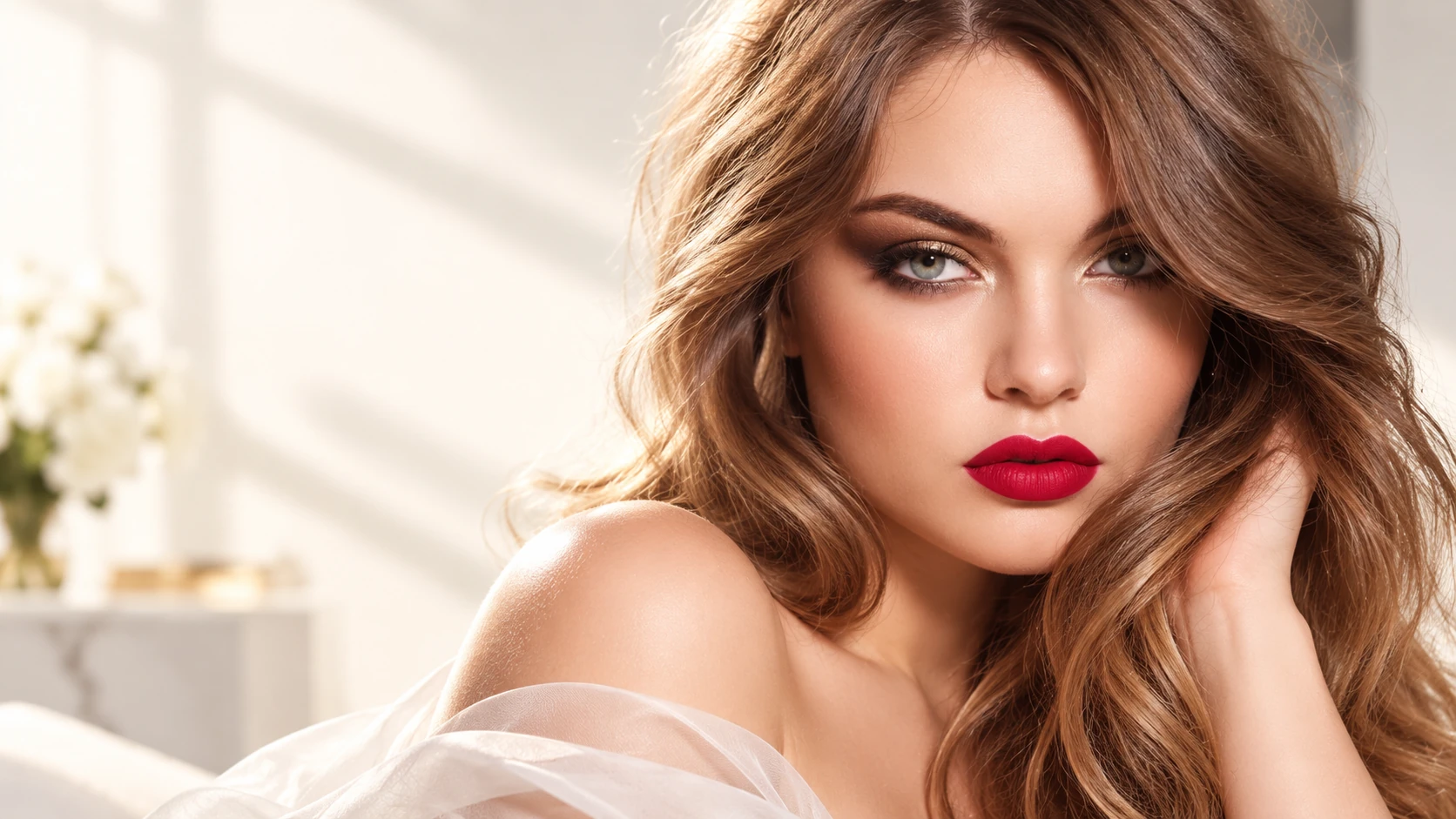 Portrait of a woman with wavy brown hair and red lipstick in a softly lit interior